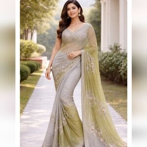 Gorgeous Green & Gray Embroidered Indian Saree - Great Condition